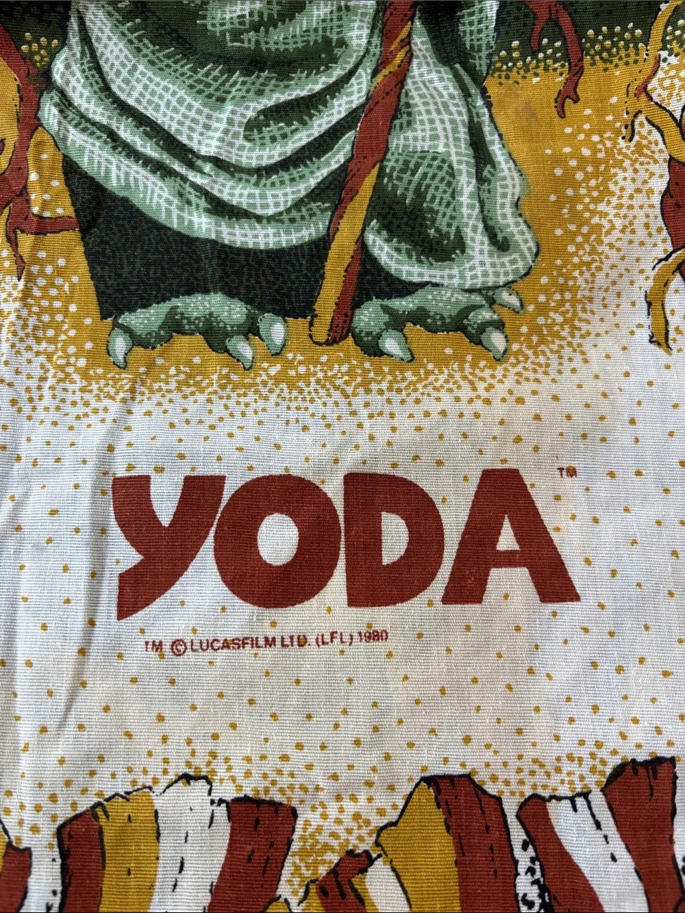 Vintage 1980 Yoda Star Wars curtain panel, cotton blend, brown/tan/green, 28x62”